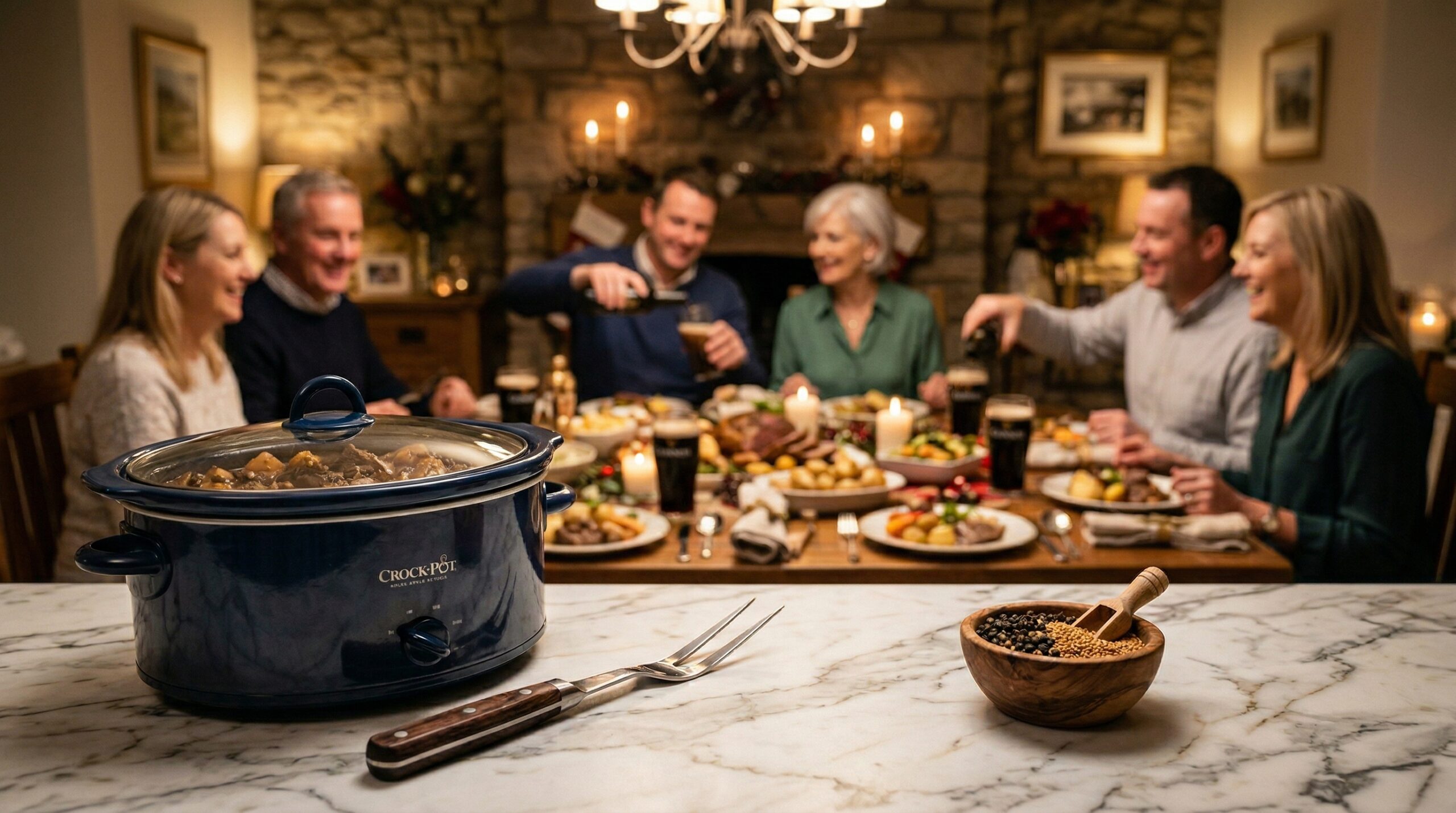 Festive Irish dinner scene with 4 Caucasian couples in soft bokeh background