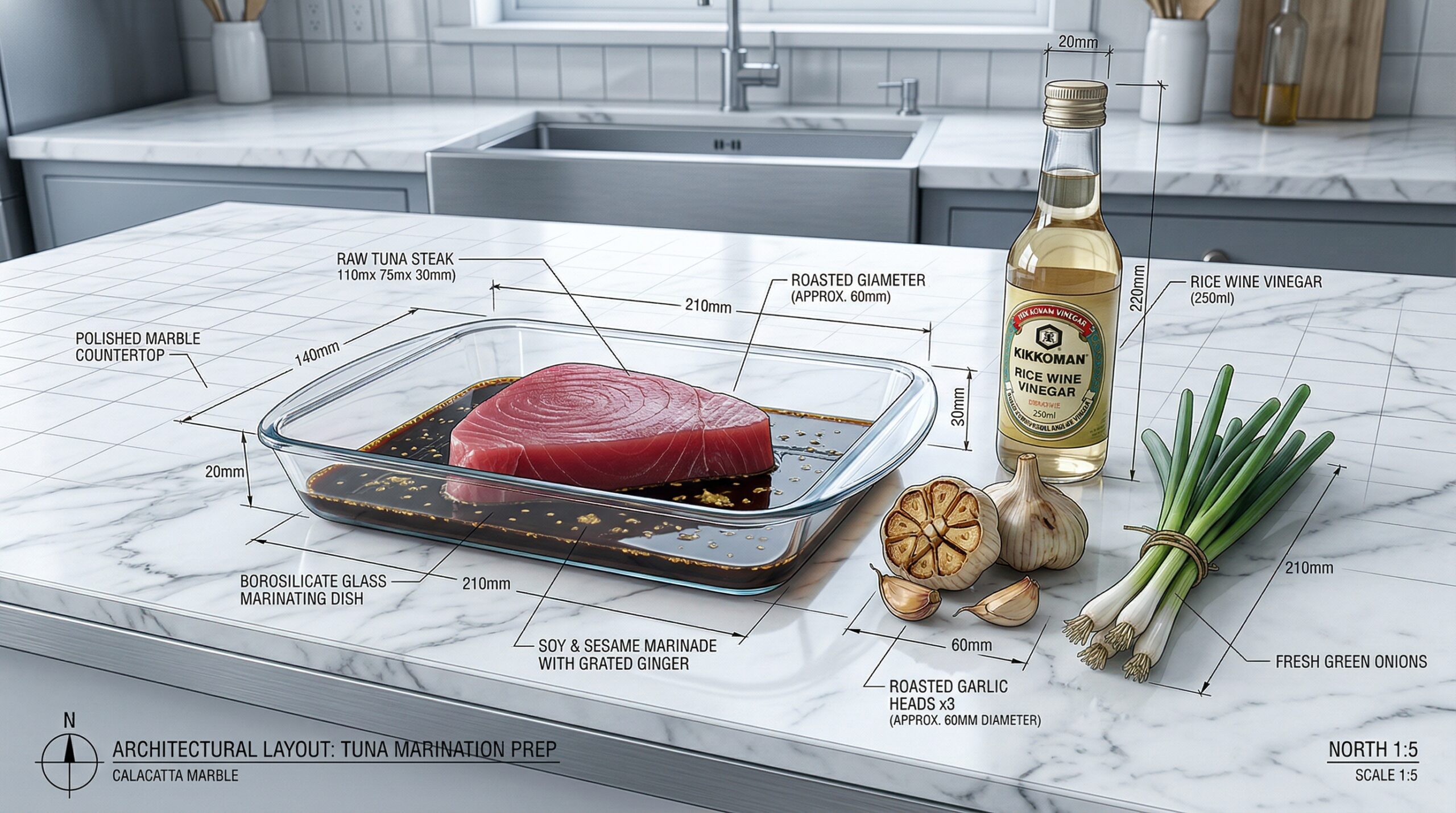 A thick, ruby-red raw tuna steak resting in a shallow glass dish filled with a dark soy, sesame oil, and grated ginger marinade on a marble prep board