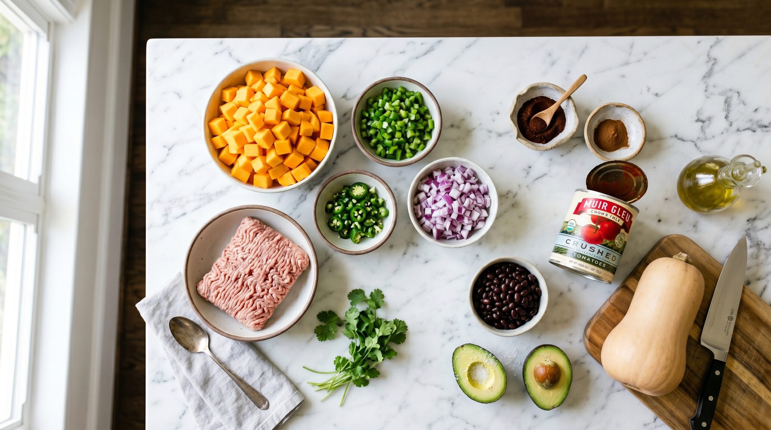 Mise-en-place flat-lay on a marble island showing ground turkey, a whole butternut squash, jalapeños, beans, crushed tomatoes, cinnamon, and chili powder