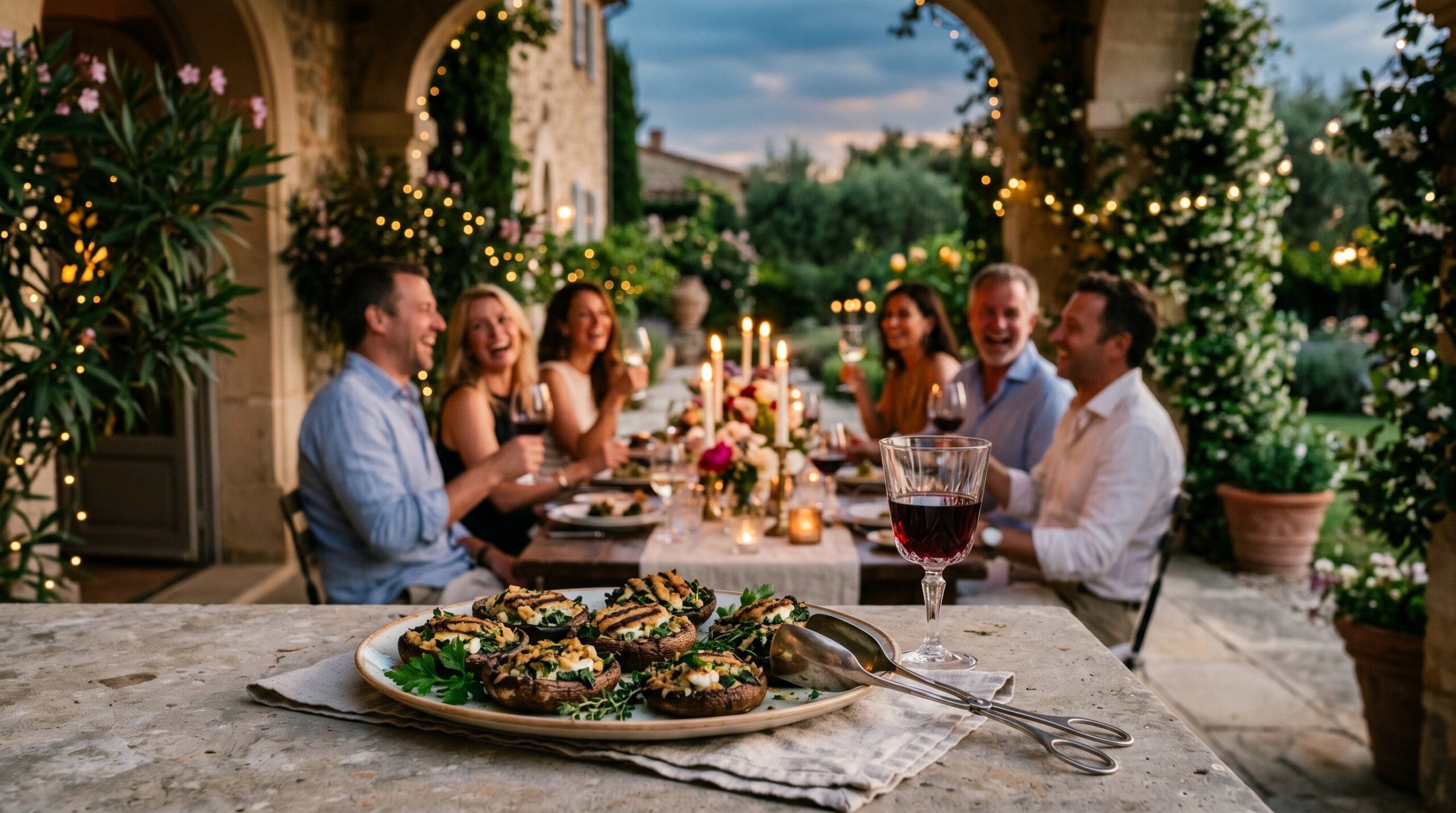 Elegant outdoor estate veranda during a sophisticated twilight dinner party with couples laughing in the background, stuffed mushrooms and a glass of Pinot Noir in the foreground