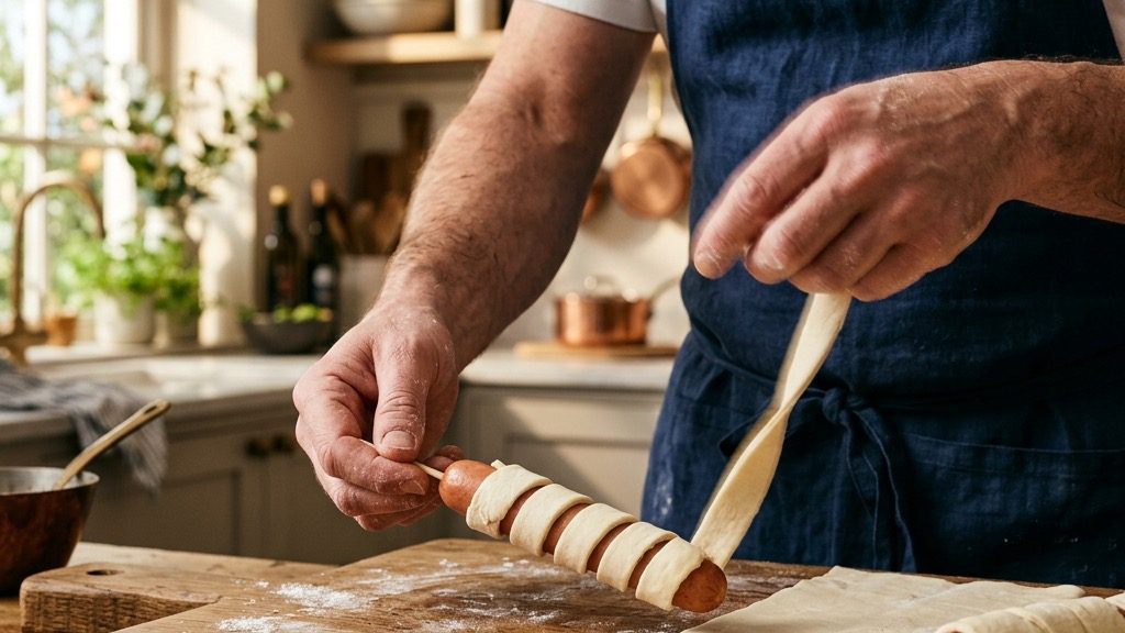Hands wrapping a thin ribbon of raw puff pastry in a spiral around a premium hot dog