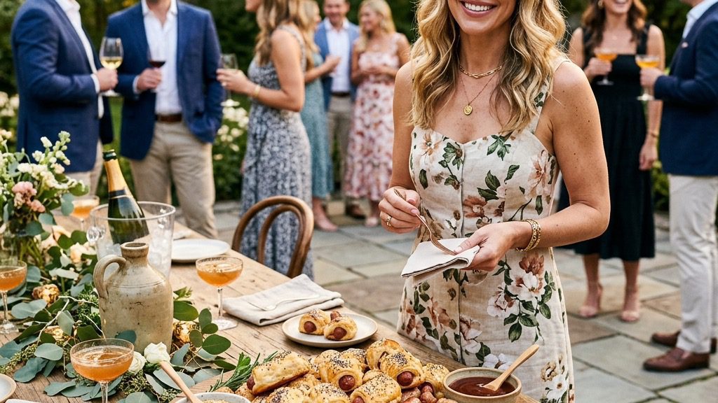 A rustic elegant outdoor table featuring a large wooden platter stacked with hot, golden puff pastry franks while guests mingle in the background