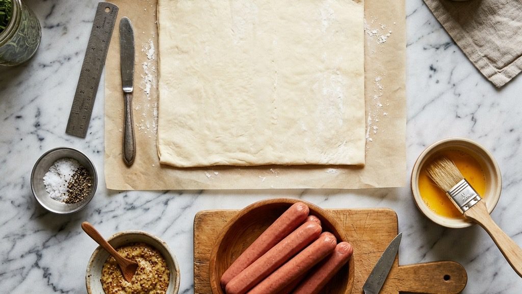 Overhead flatlay of raw puff pastry ribbons, premium beef franks, and coarse Dijon mustard on a marble island