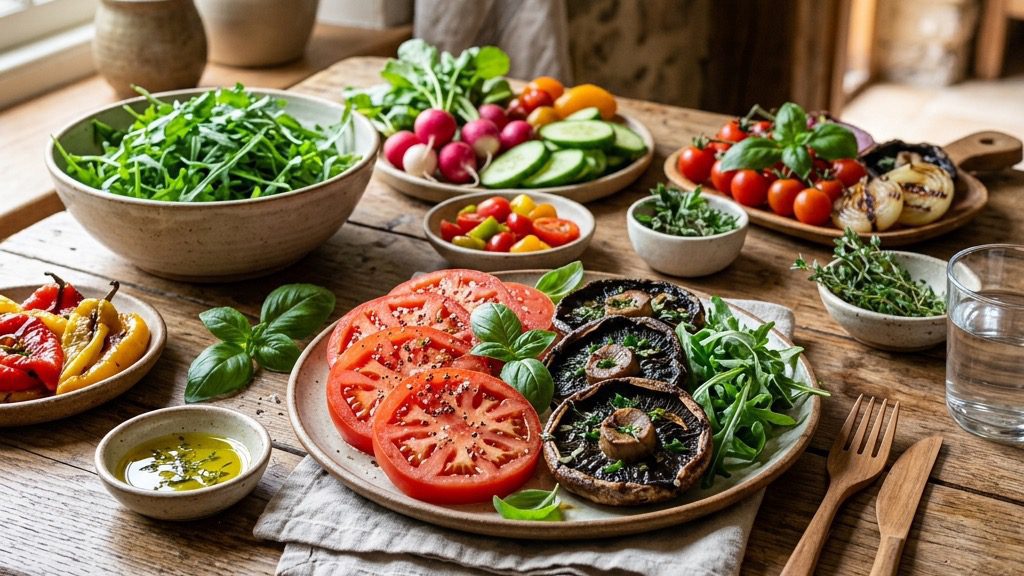 A beautiful, vibrant spread of fresh garden vegetables, sliced bright red tomatoes, and grilled portobello mushrooms.