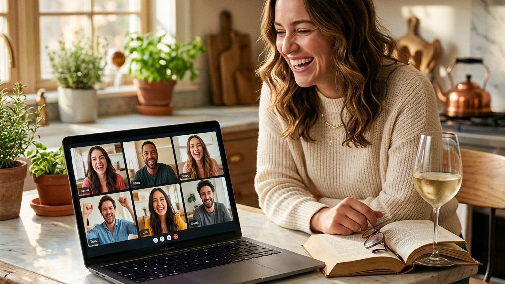 A sleek modern laptop resting open on a cozy kitchen island, displaying a grid of friends laughing on a video call next to an open book.