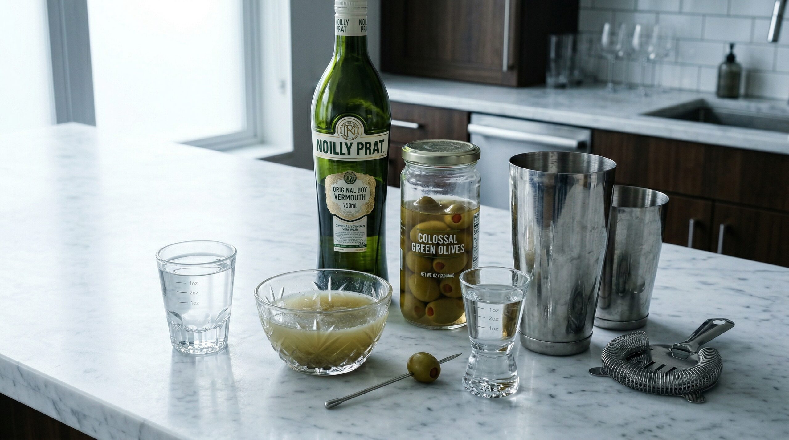 A heavy glass jigger filled with premium clear vodka resting next to a small crystal bowl of murky olive brine, dry vermouth, and colossal green olives on a marble counter