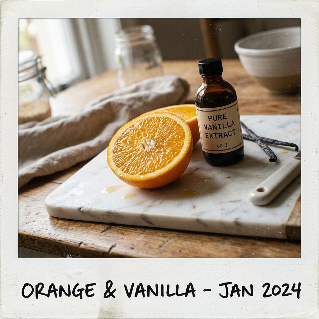 A tilted polaroid-style photography shot of a fresh, juicy orange sliced open next to a bottle of vanilla, resting on a white marble pastry board.