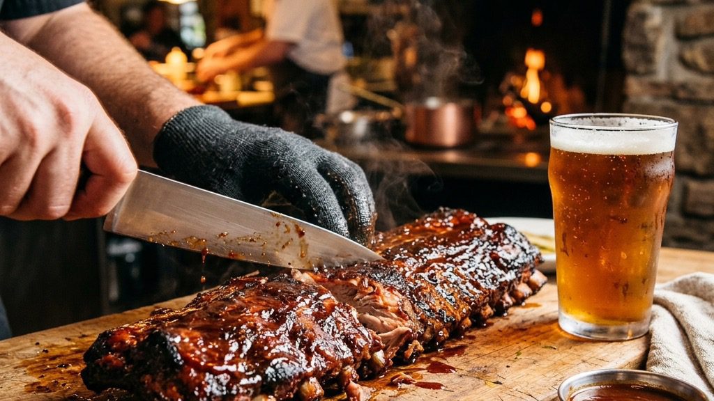 A large rack of tender baby back ribs glistening with thick, dark molasses whiskey barbecue sauce resting on a heavy wooden cutting board.
