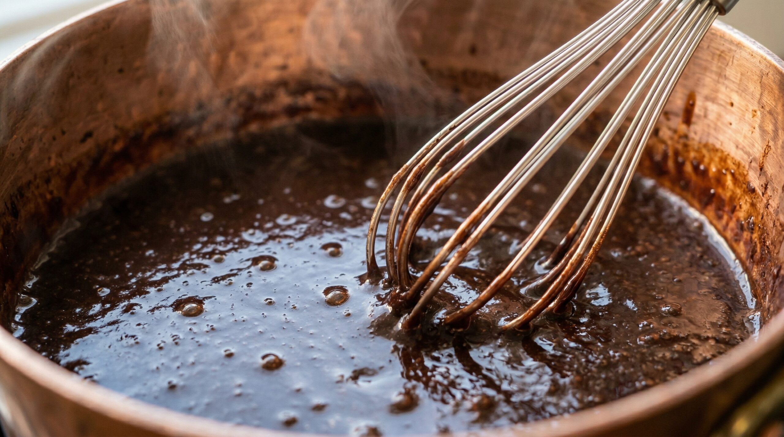 Macro detail of a silver whisk continuously moving through a velvety, simmering mixture of whole milk, half-and-half, and melted cocoa inside a copper saucepan