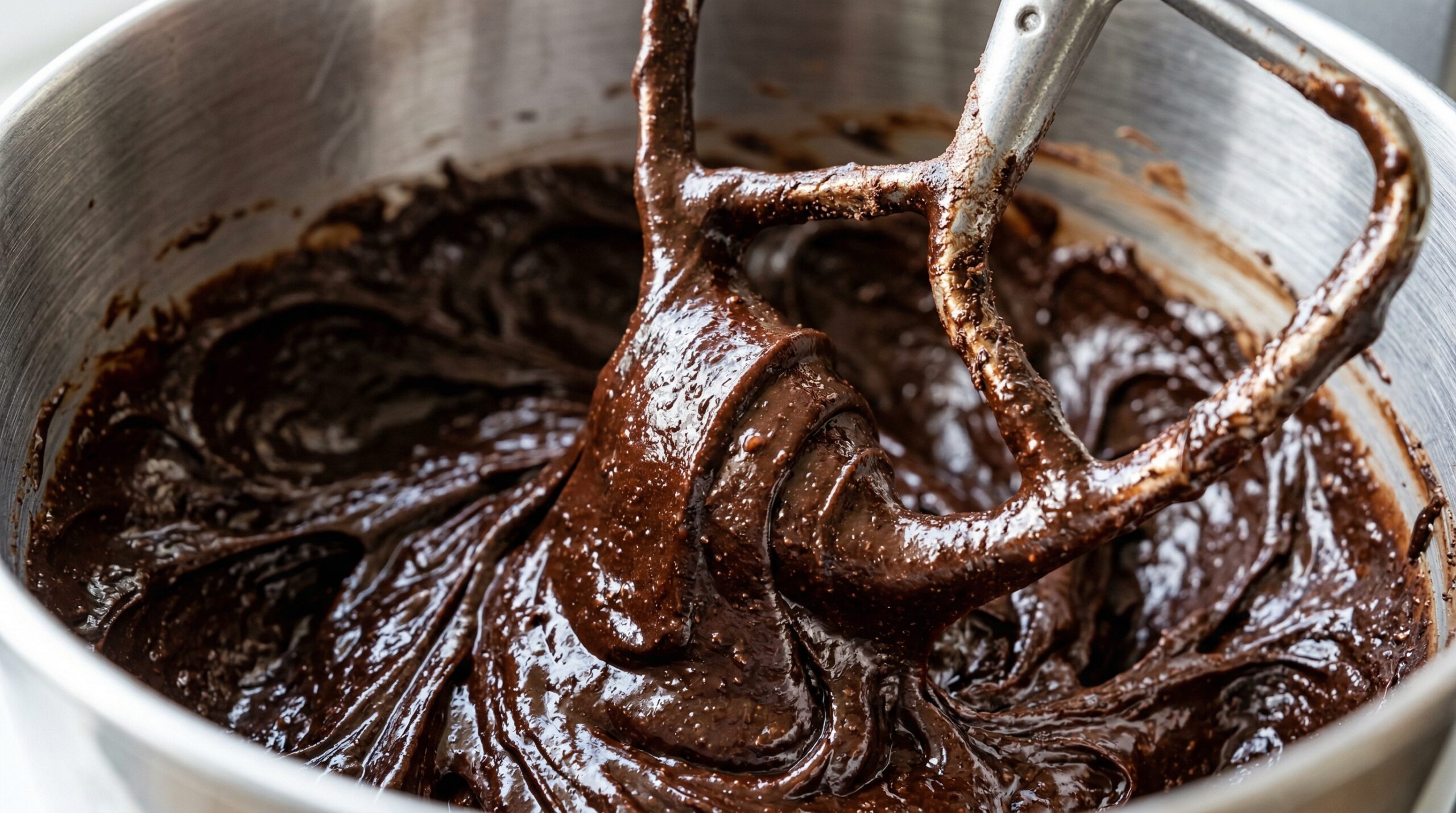 Macro detail of a thick, glossy, dark chocolate frosting being actively whipped inside a stainless steel mixing bowl, pulling rich, fudgy peaks