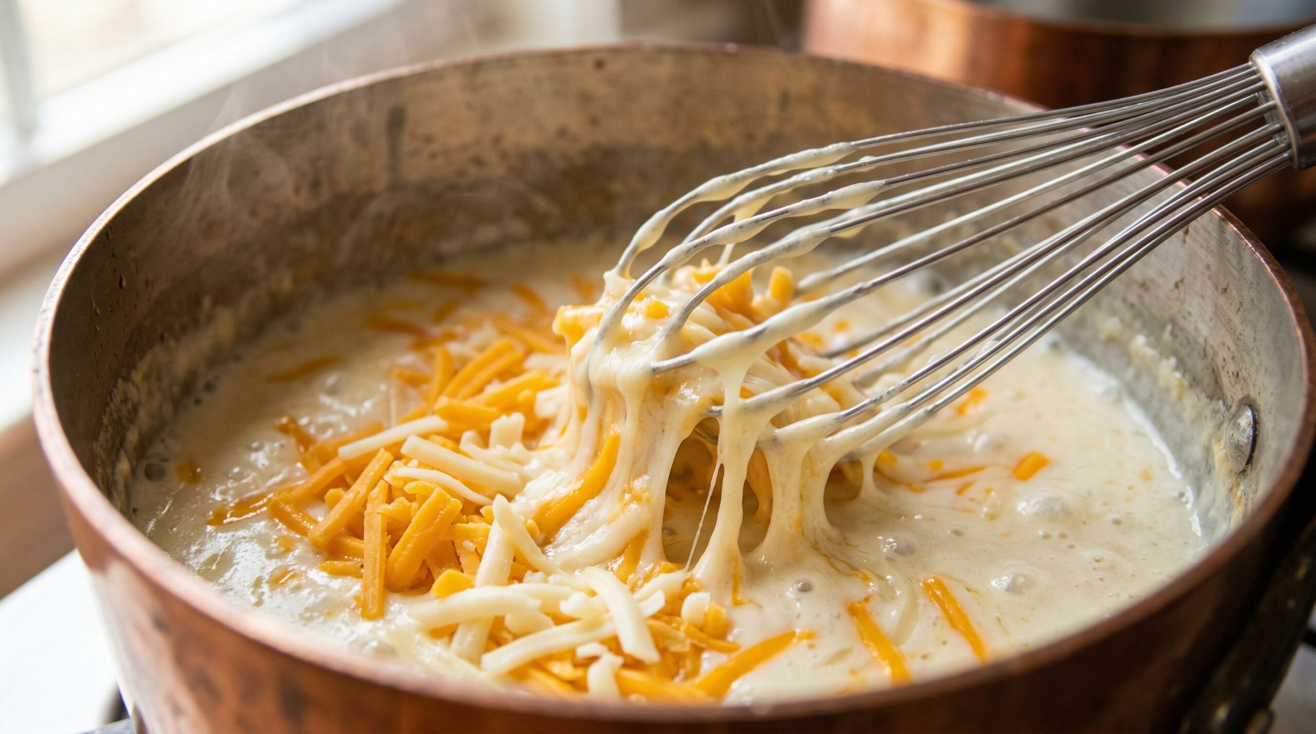 Macro detail of massive handfuls of shredded bright orange cheddar and white Monterey Jack cheese actively melting into a hot, velvety white sauce inside a copper saucepan