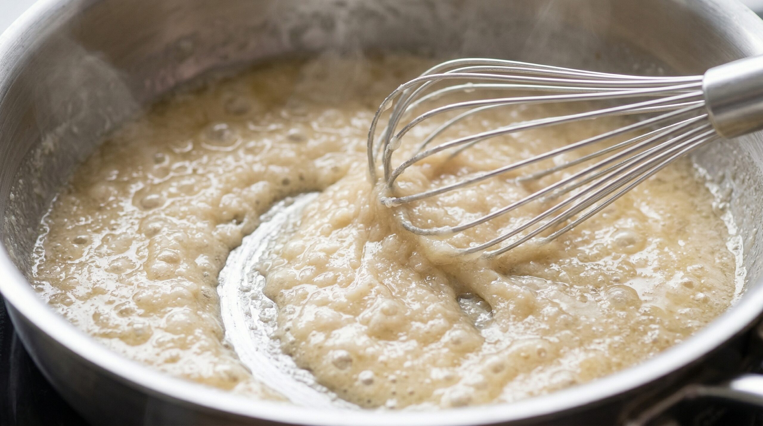 Macro detail of a pale, bubbling paste of melted butter and flour actively cooking as a professional silver whisk sweeps through the thick roux