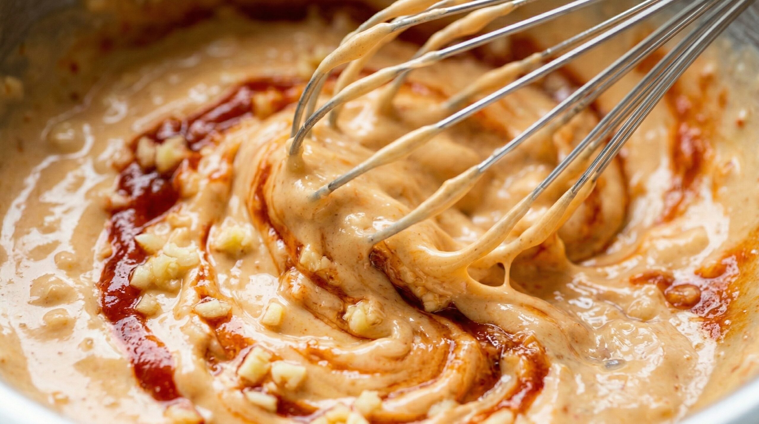 Macro detail of thick, rich pale orange Sriracha aioli being actively whisked with minced garlic inside a small stainless steel bowl