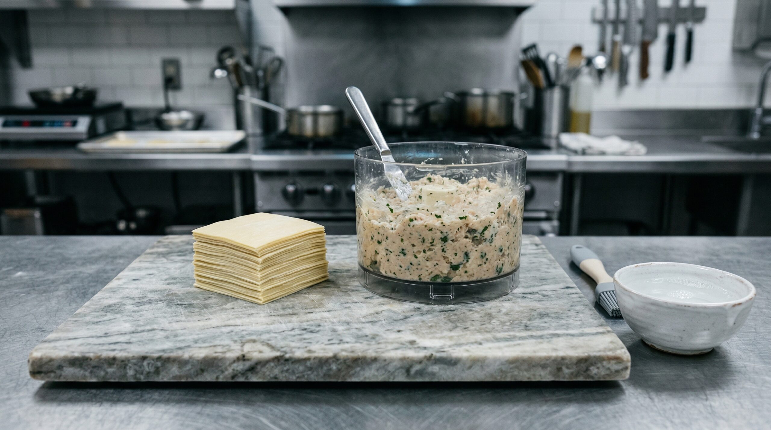 A neat stack of square, pale yellow wonton wrappers resting next to a food processor bowl filled with a dense, minced chicken, ricotta, and fresh basil emulsion