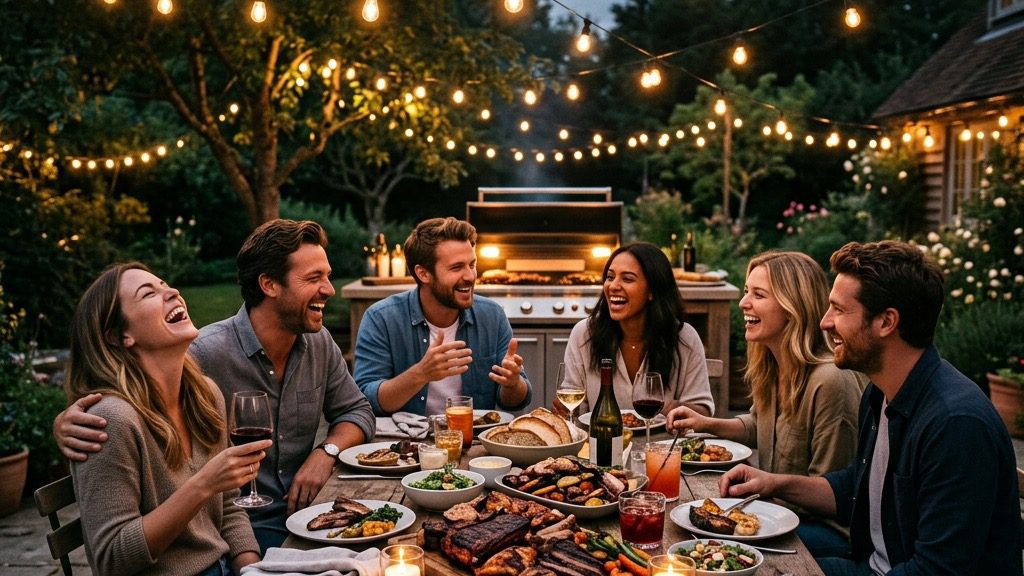 A highly atmospheric, cinematic editorial lifestyle photograph of friends laughing around an outdoor dinner table loaded with barbecue and grilled fish under strung patio lights.