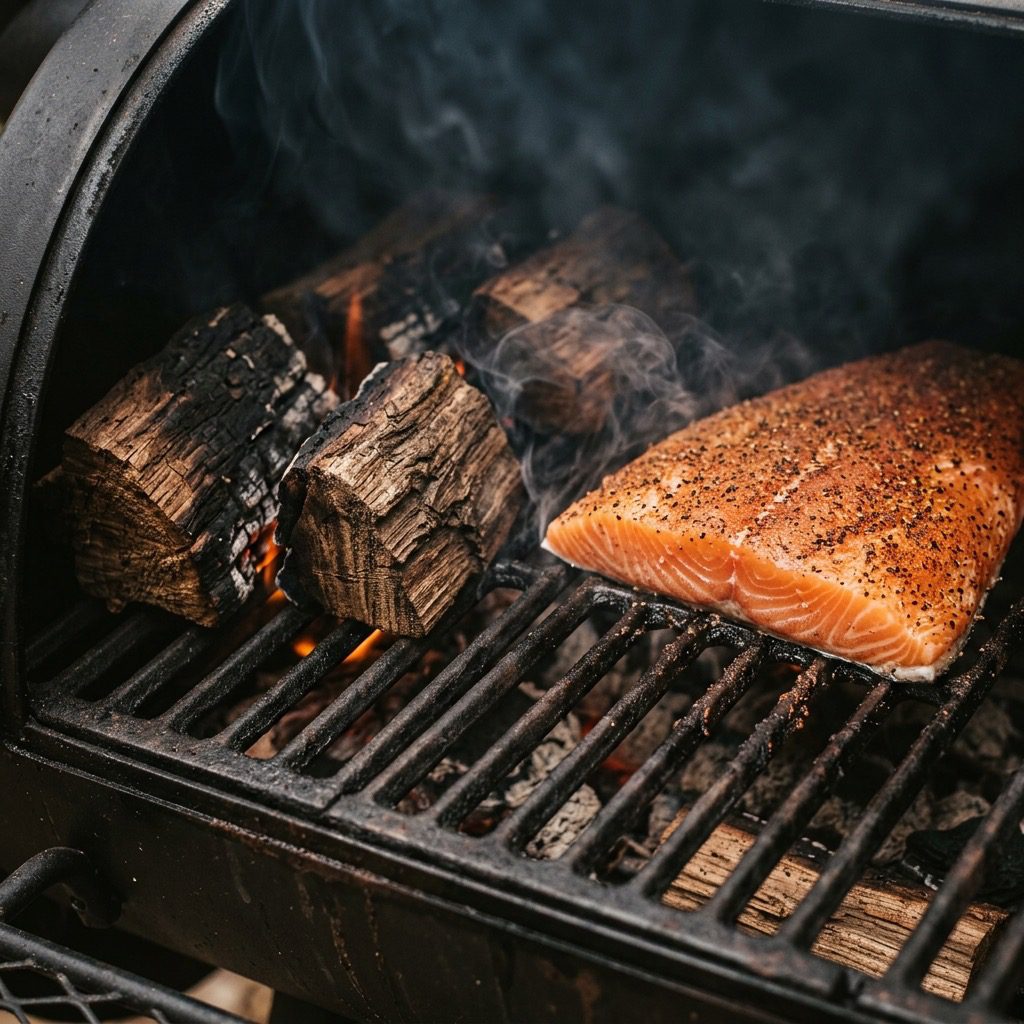 A close up shot of a beautiful slab of salmon smoking next to thick cuts of pecan wood.