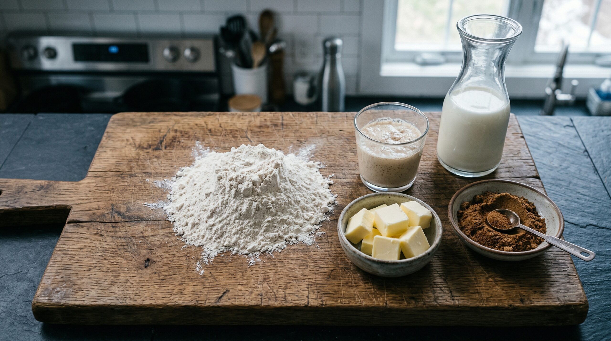Yeast, milk, flour, and chilled butter prep for cinnamon rolls