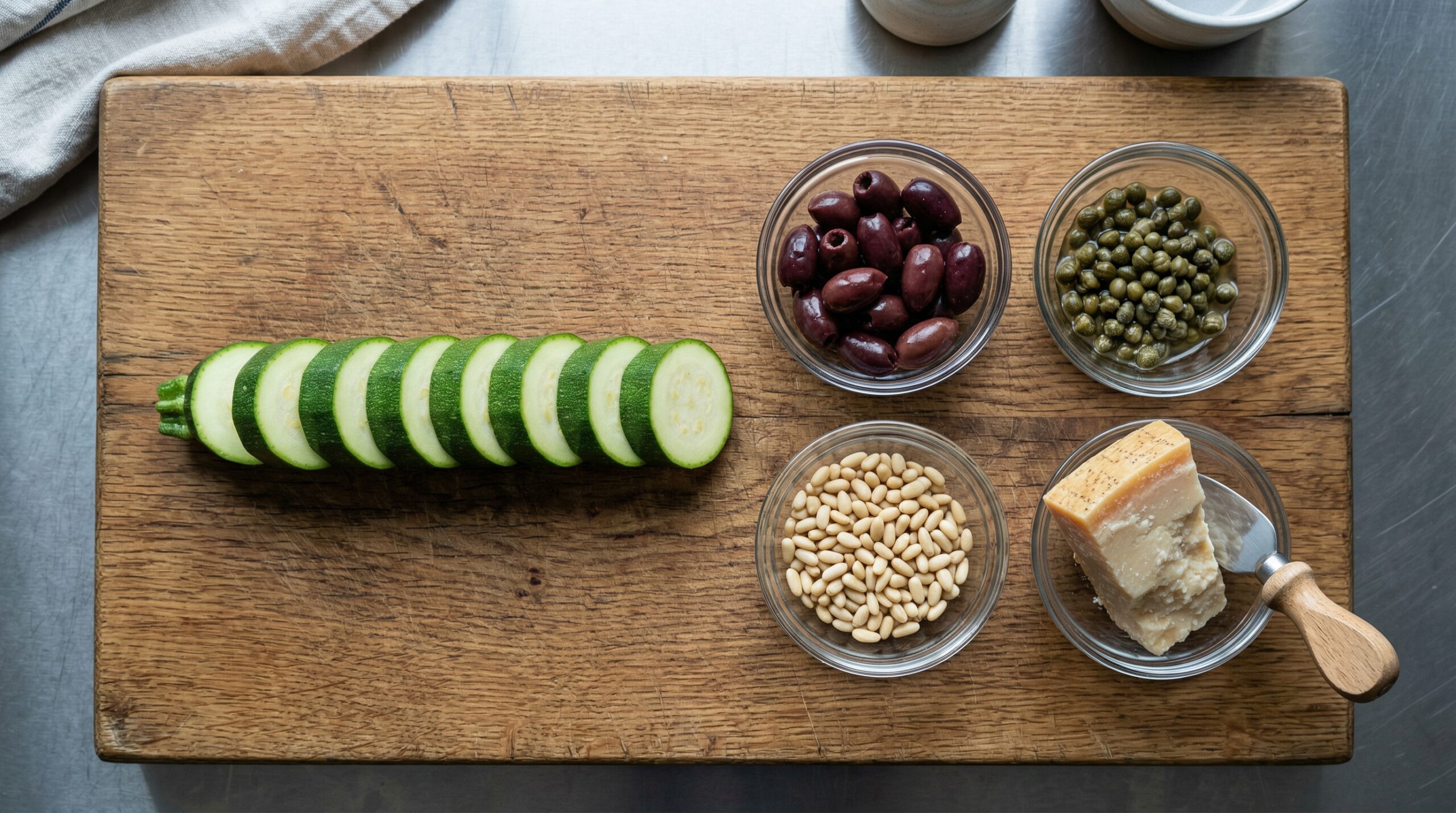 Thick slices of vibrant green zucchini resting perfectly arranged next to small glass bowls filled with pitted Kalamata olives, drained capers, raw pine nuts, and Parmesan cheese