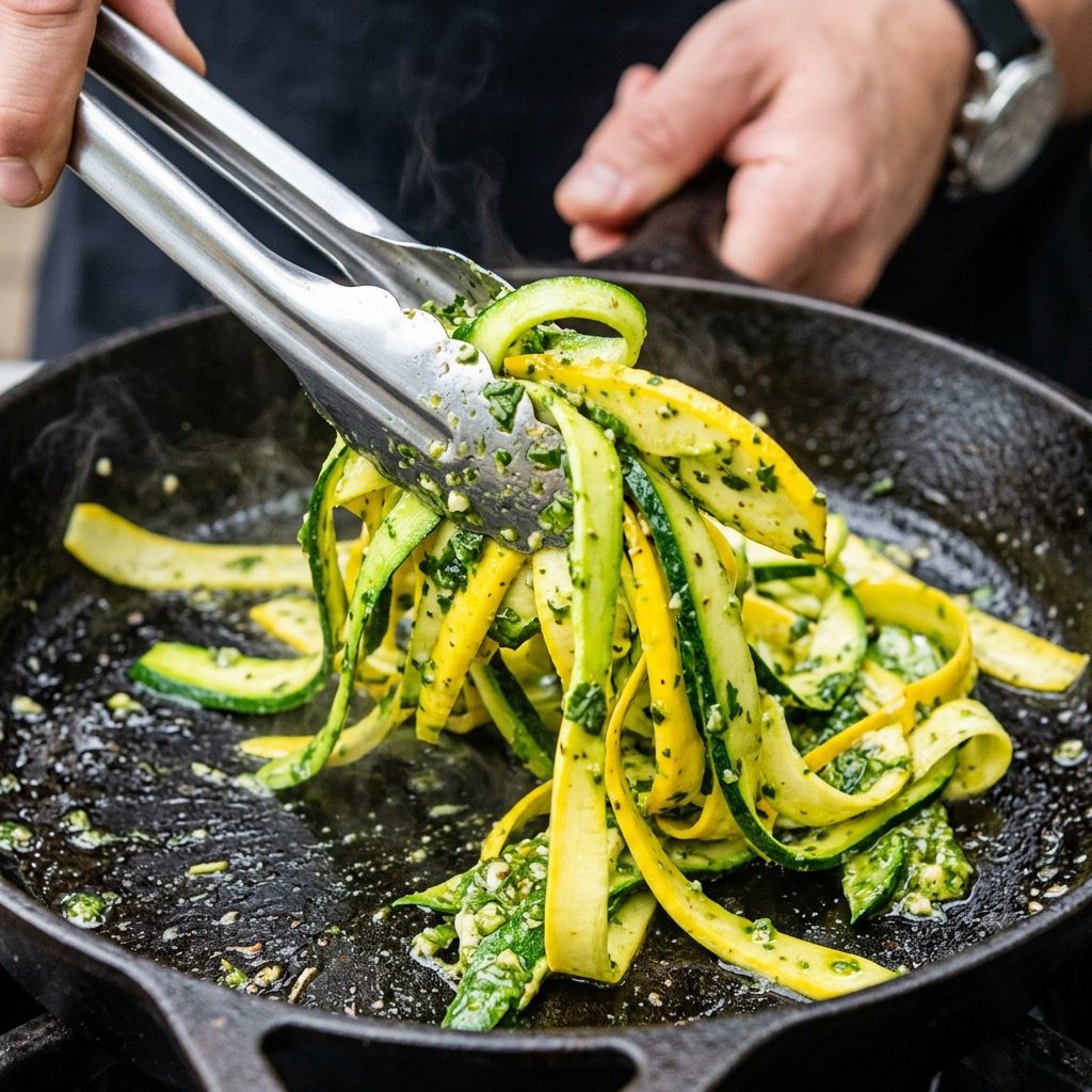 Extreme close-up action shot tossing zucchini noodles and pesto in a skillet with tongs