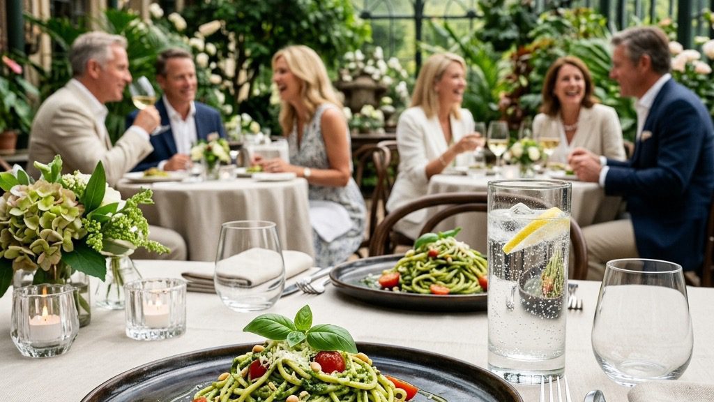 An elegant, formal dinner table setting with a dark ceramic plate holding a serving of Zucchini Noodles with Pesto, with a summer luncheon in the background
