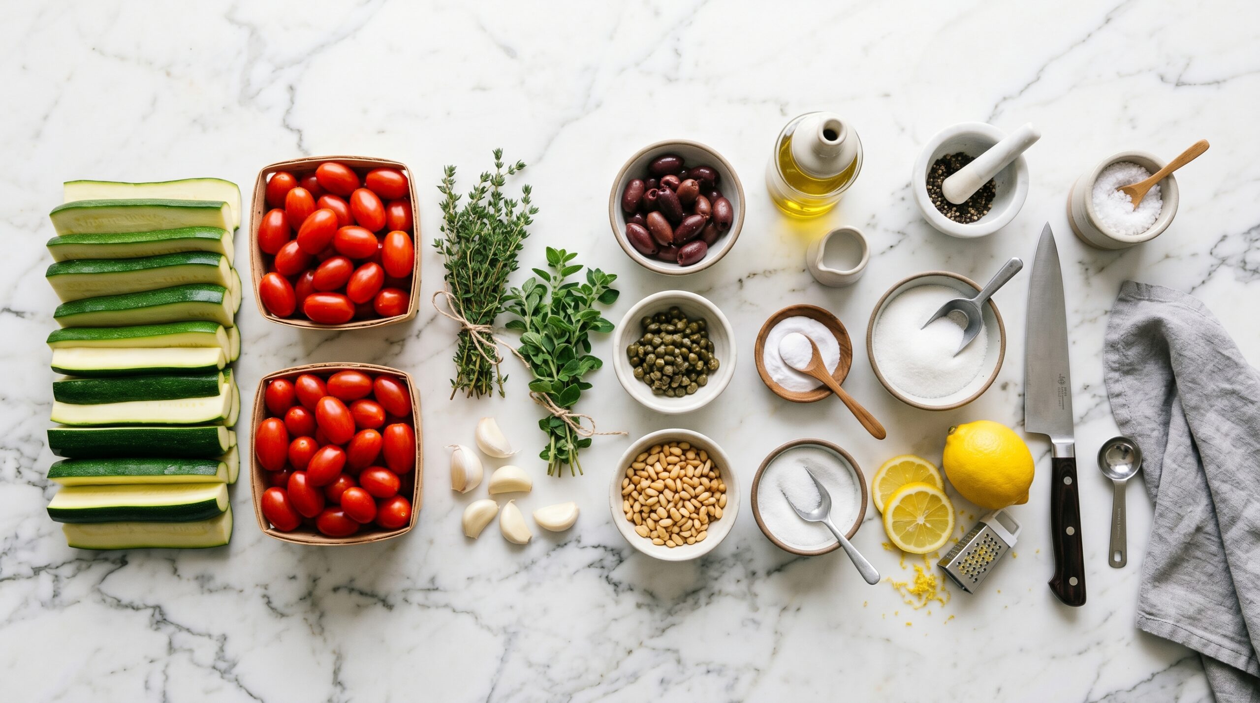 Mise-en-place flat-lay on a marble island showing thick raw zucchini, grape tomatoes, fresh thyme, whole garlic cloves, Kalamata olives, capers, pine nuts, baking soda, and a lemon