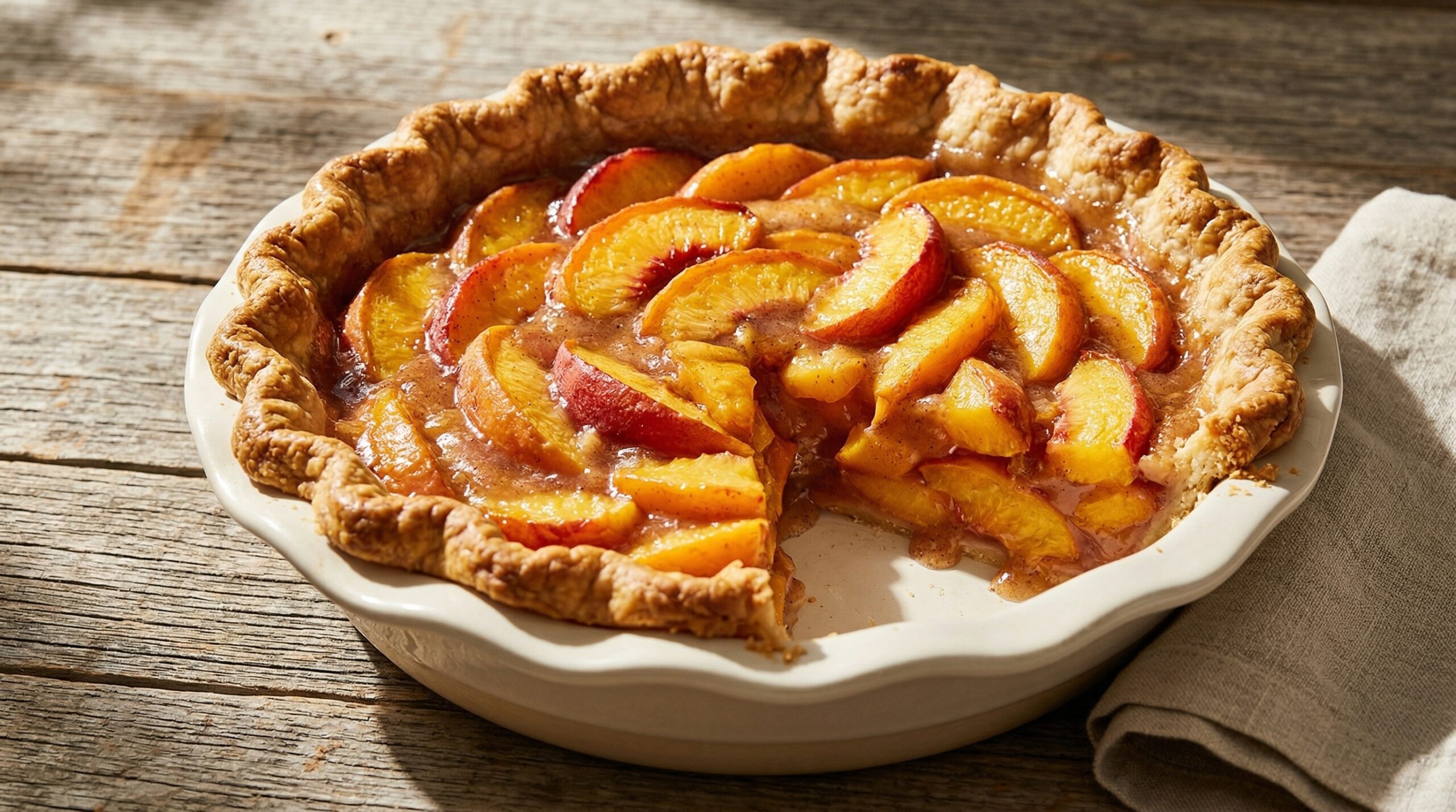 A heavy ceramic pie dish holding freshly baked peach pie and a polished silver pie server in sharp focus in the foreground, with an elegant softly lit summer evening gathering of four Caucasian couples blurred in the background